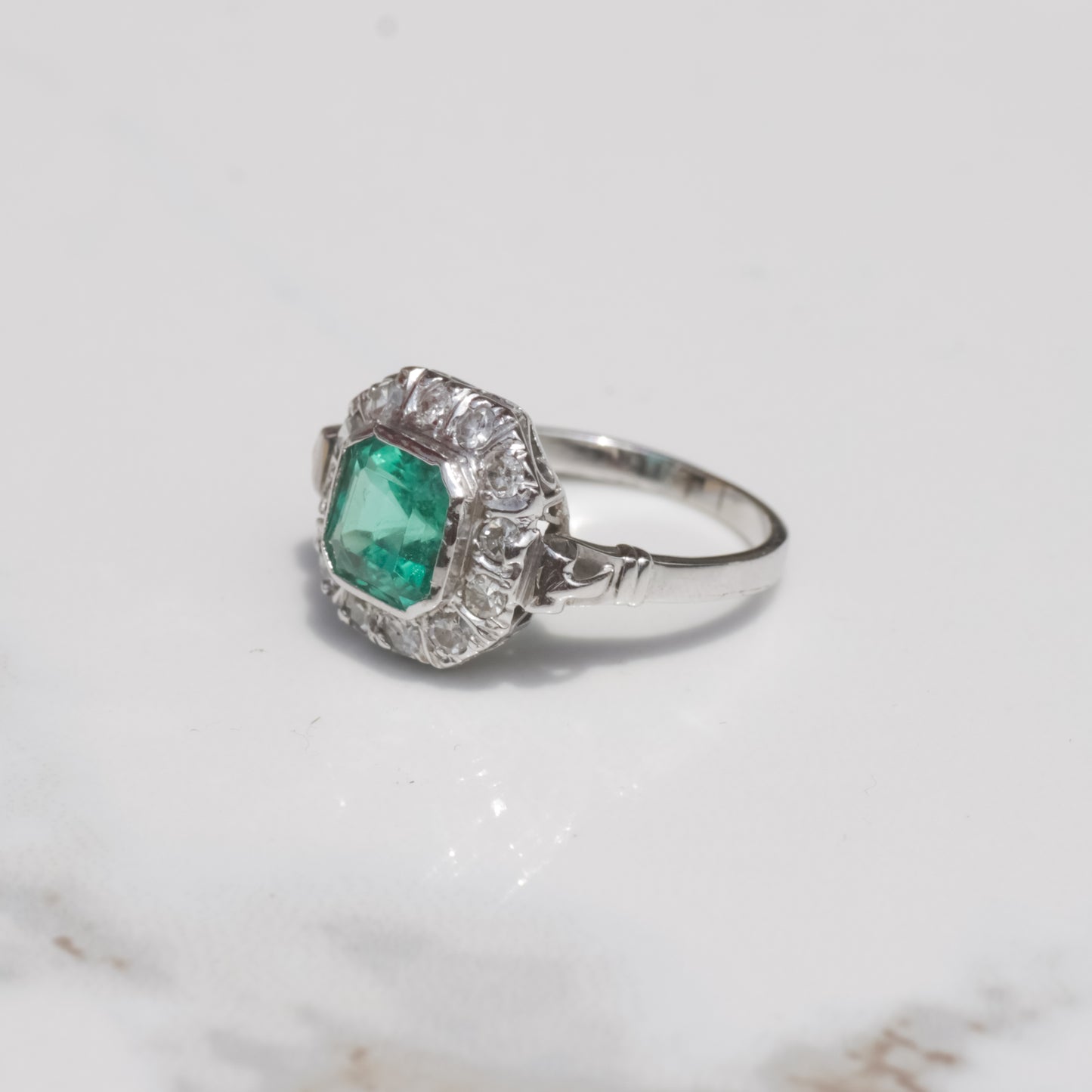 Art Deco Colombian Emerald (GIA Certified) and Diamond Halo Ring 14k Gold Sz 5