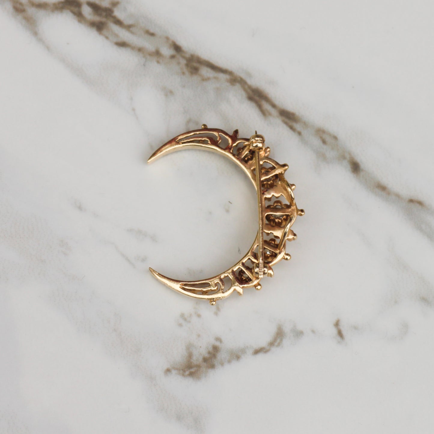 Vintage Crescent Moon Diamond Brooch/Pendant 14k Gold