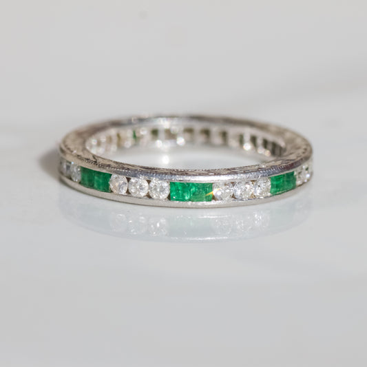 Art Deco Emerald and Diamond Eternity Band Platinum Sz 6