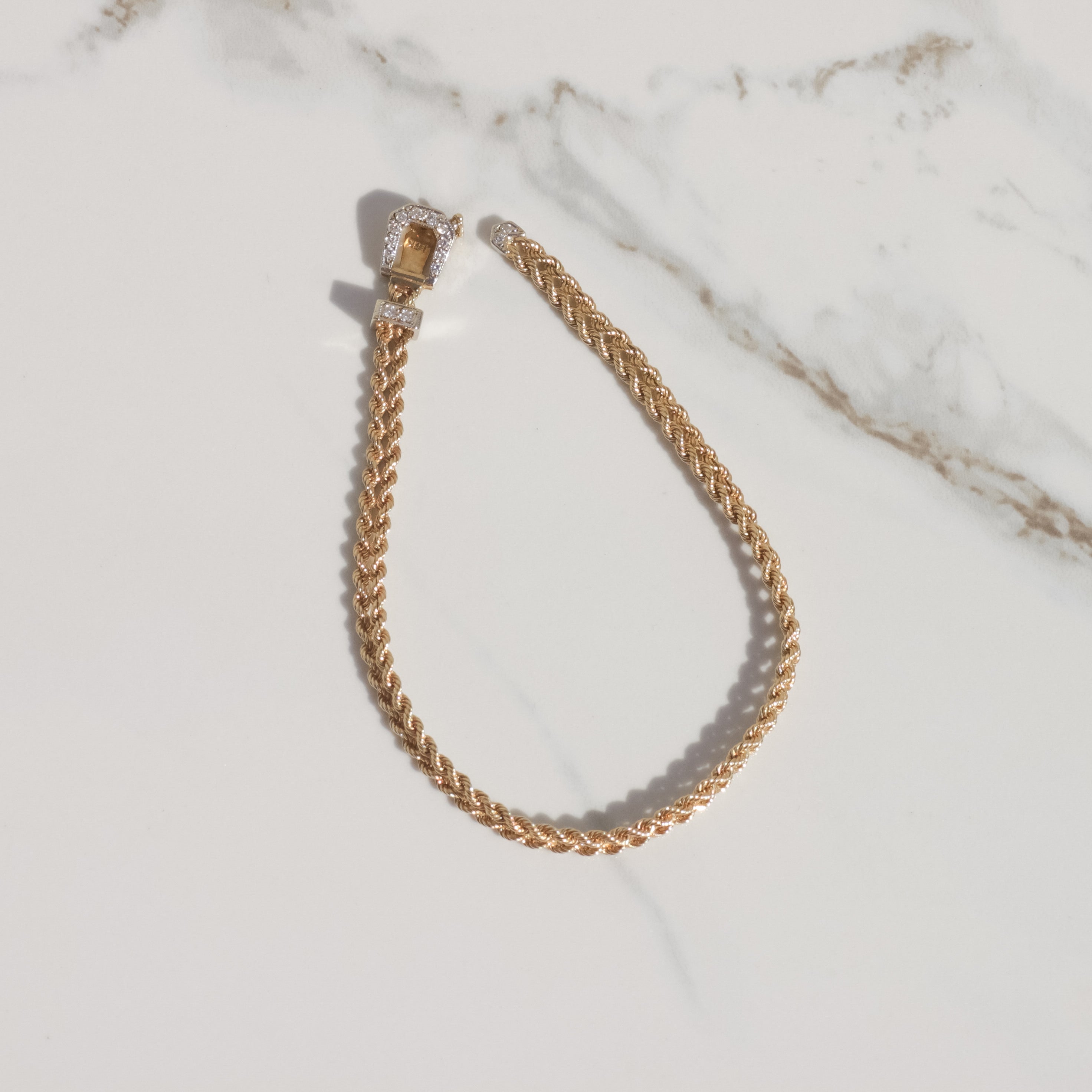 Vintage Double Rope Diamond Buckle Bracelet 14k Gold