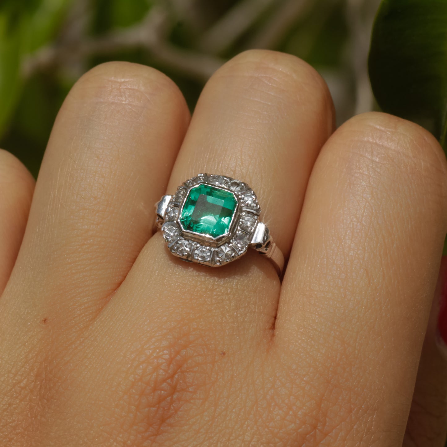 Art Deco Colombian Emerald (GIA Certified) and Diamond Halo Ring 14k Gold Sz 5