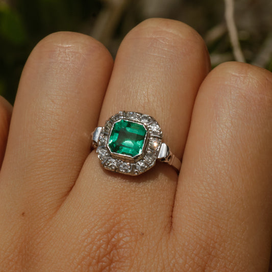 Installment 2 - Art Deco Colombian Emerald (GIA Certified) and Diamond Halo Ring 14k Gold Sz 5
