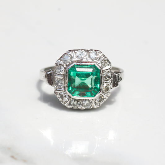 Installment 5 - Art Deco Colombian Emerald (GIA Certified) and Diamond Halo Ring 14k Gold Sz 5