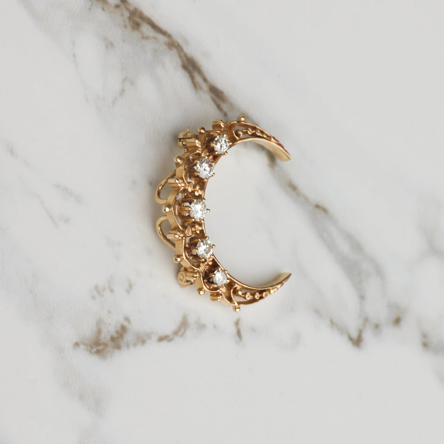 Vintage Crescent Moon Diamond Brooch/Pendant 14k Gold