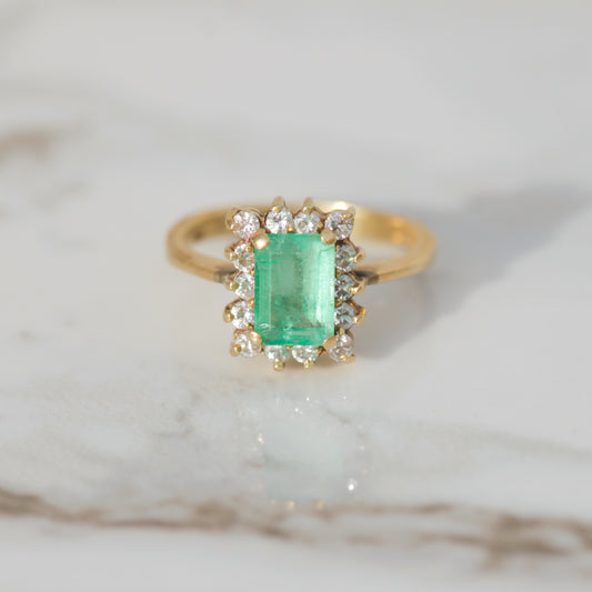 Vintage Emerald with Diamond Halo Ring Sz 4 18k