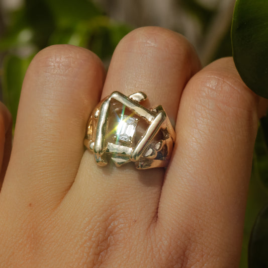 Vintage Mid-Century Emerald Cut Diamond Modernist Ring 14k Gold Sz 6