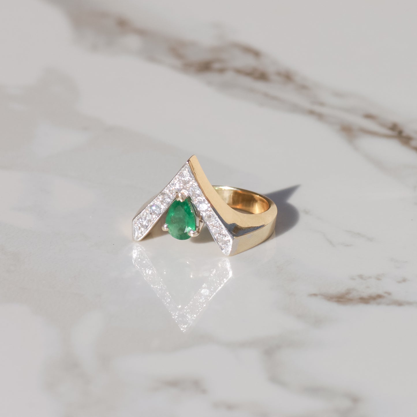 Vintage Diamond and Emerald Chevron Ring Sz 5 1/2 14k