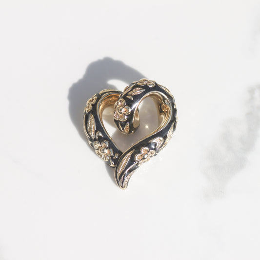 Vintage Black Enamel Floral Heart Slider Pendant 14k Gold