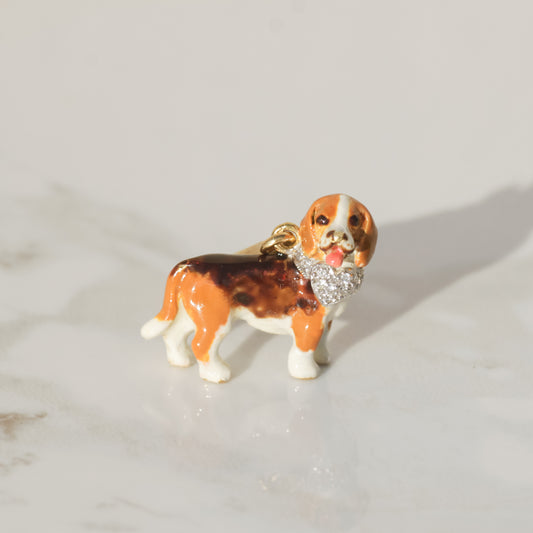 Vintage Enamel Beagle with Diamond Collar Pendant 18k