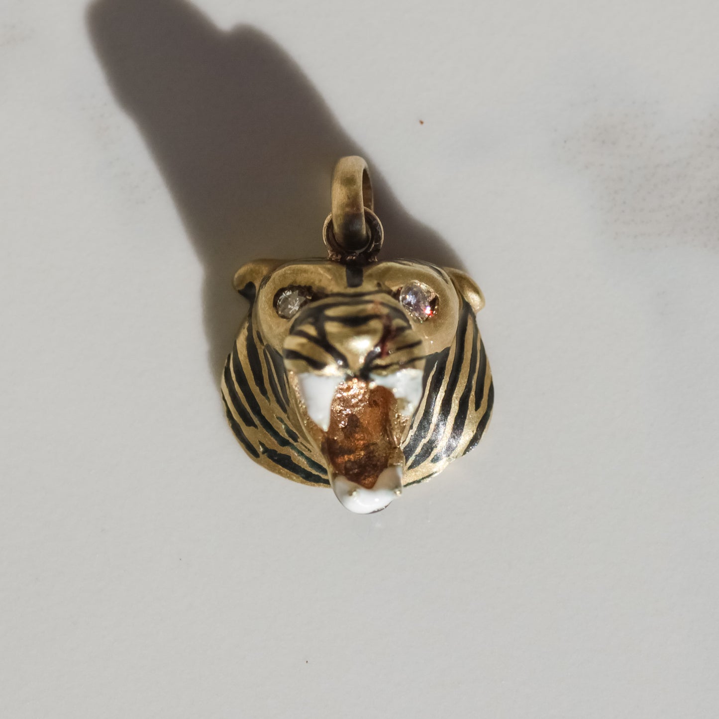 Vintage Enamel Tiger Head Pendant with Diamond Eyes 14k