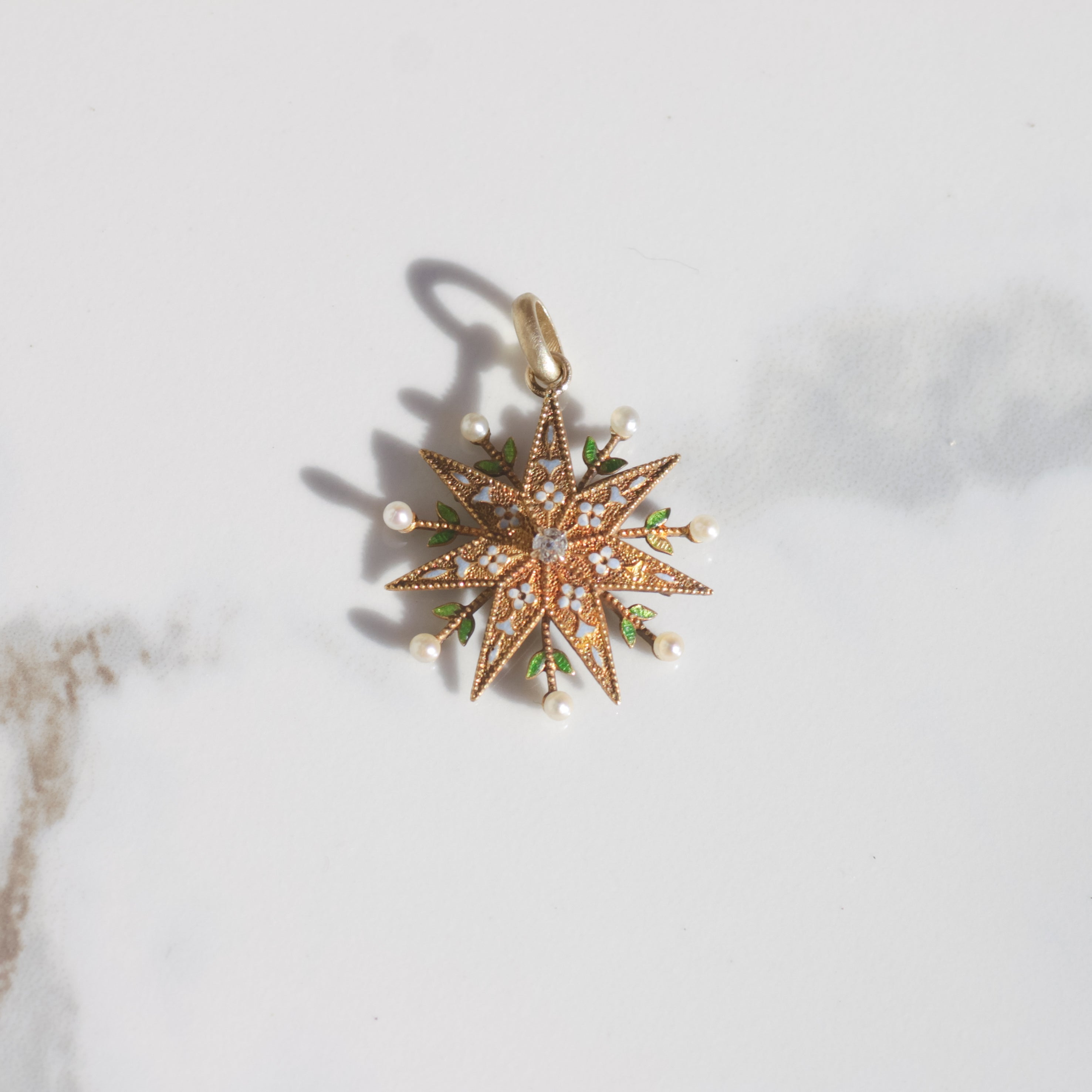 Antique Victorian Starburst Pendant with Diamond and Seed Pearls 14k