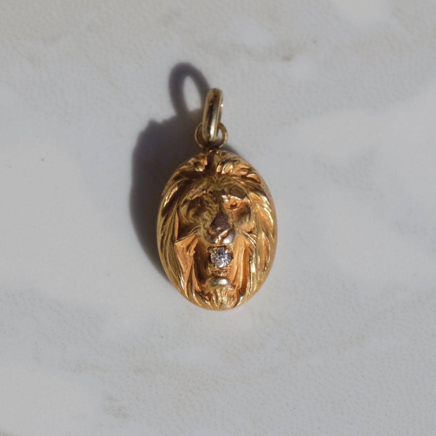 Antique Lion Pendant with Old Mine Diamond 14k