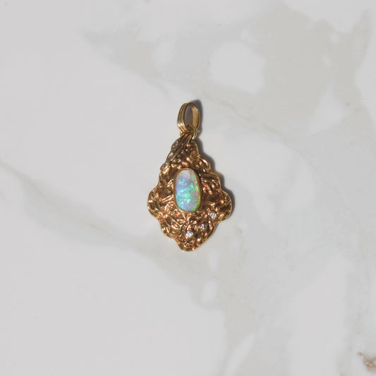 Vintage Modernist Opal and Diamond Pendant 14k Gold