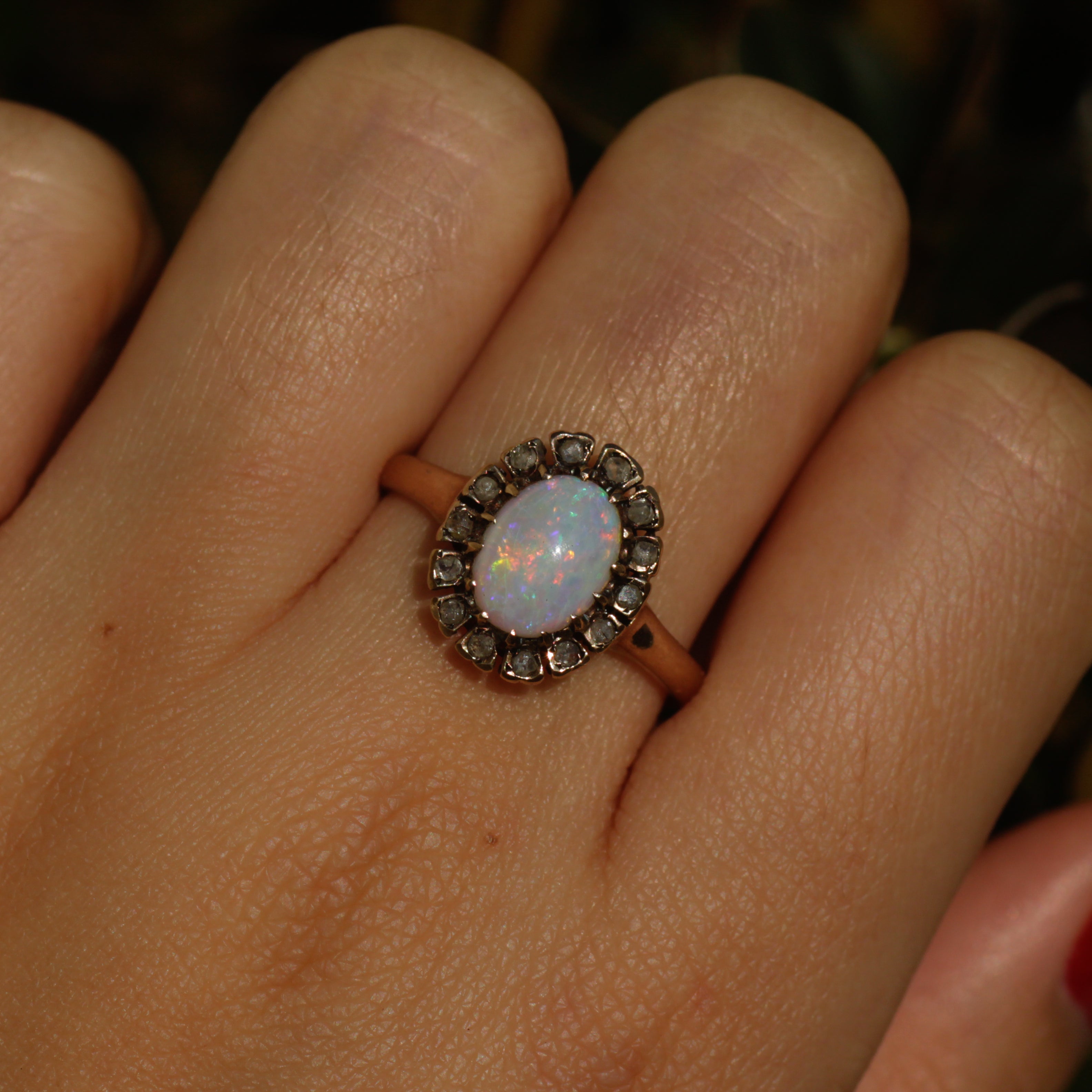 Victorian Opal & Diamond Halo Ring — Isadoras Antique Jewelry