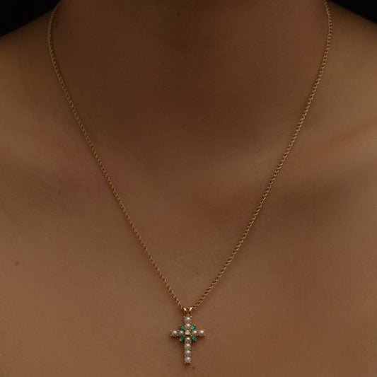 Vintage Pearl, Diamond, and Lab Emerald Cross Charm 14k