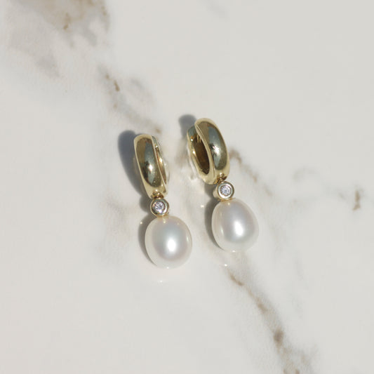 Cultured Pearl and Diamond Huggie Hoop Earrings 14k