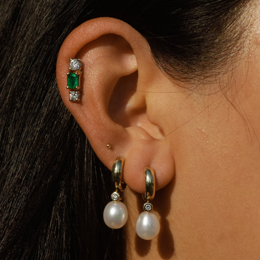 Cultured Pearl and Diamond Huggie Hoop Earrings 14k