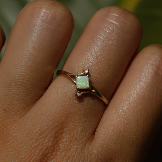 Square Opal and Diamond Bypass Ring Sz 6 1/2 14k