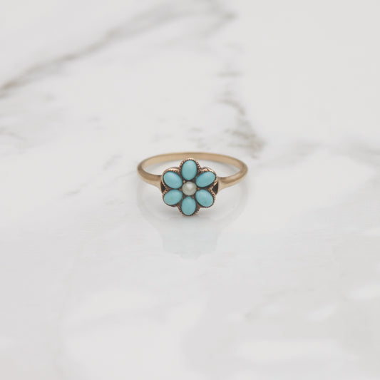 Victorian Turquoise Flower Ring Sz 6 1/4 14k