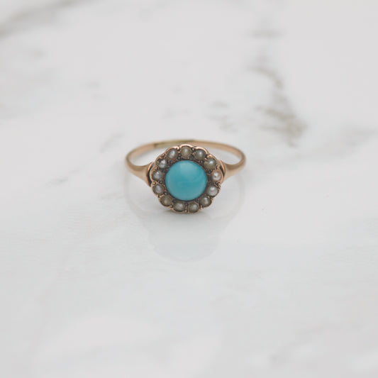 Victorian Turquoise Seed Pearl Halo Ring Sz 3 3/4 9k