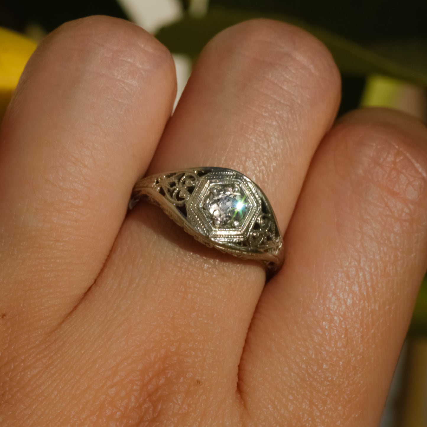 Art Deco Filigree Solitaire Diamond Ring Sz 5 3/4 18k