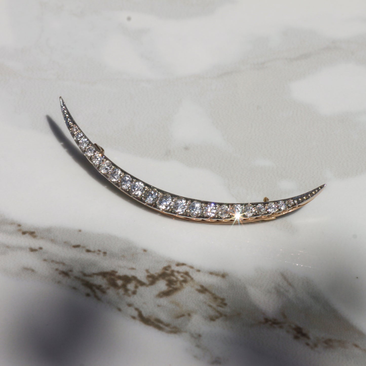 Antique Art Deco Diamond Crescent Brooch, Platinum and 14k Gold