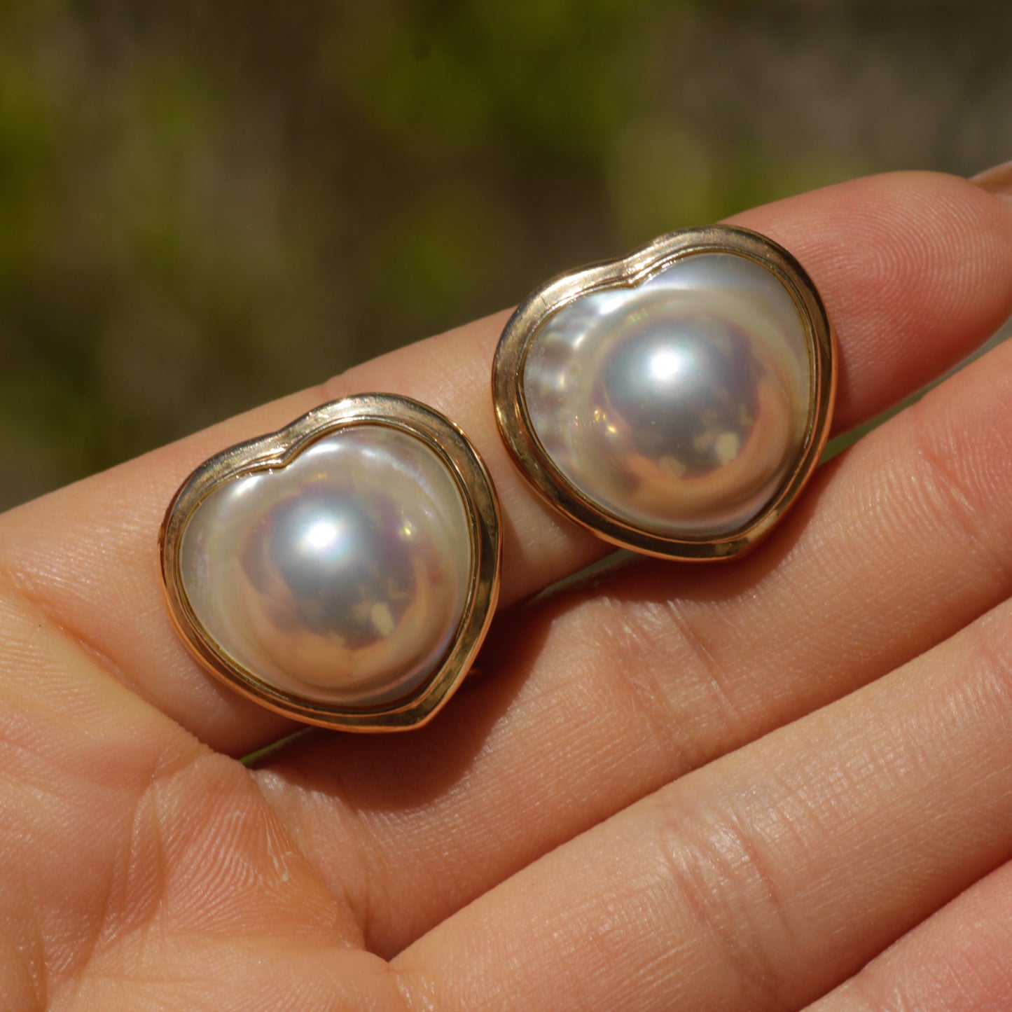 Vintage Heart-Shaped Mabe Pearl Lever-Back Ear Clips 14k