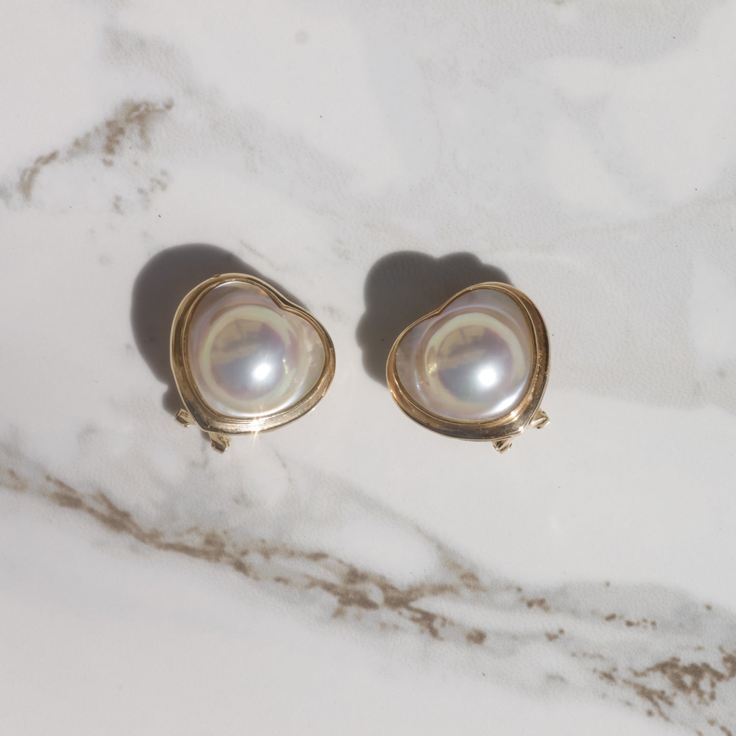 Vintage Heart-Shaped Mabe Pearl Lever-Back Ear Clips 14k
