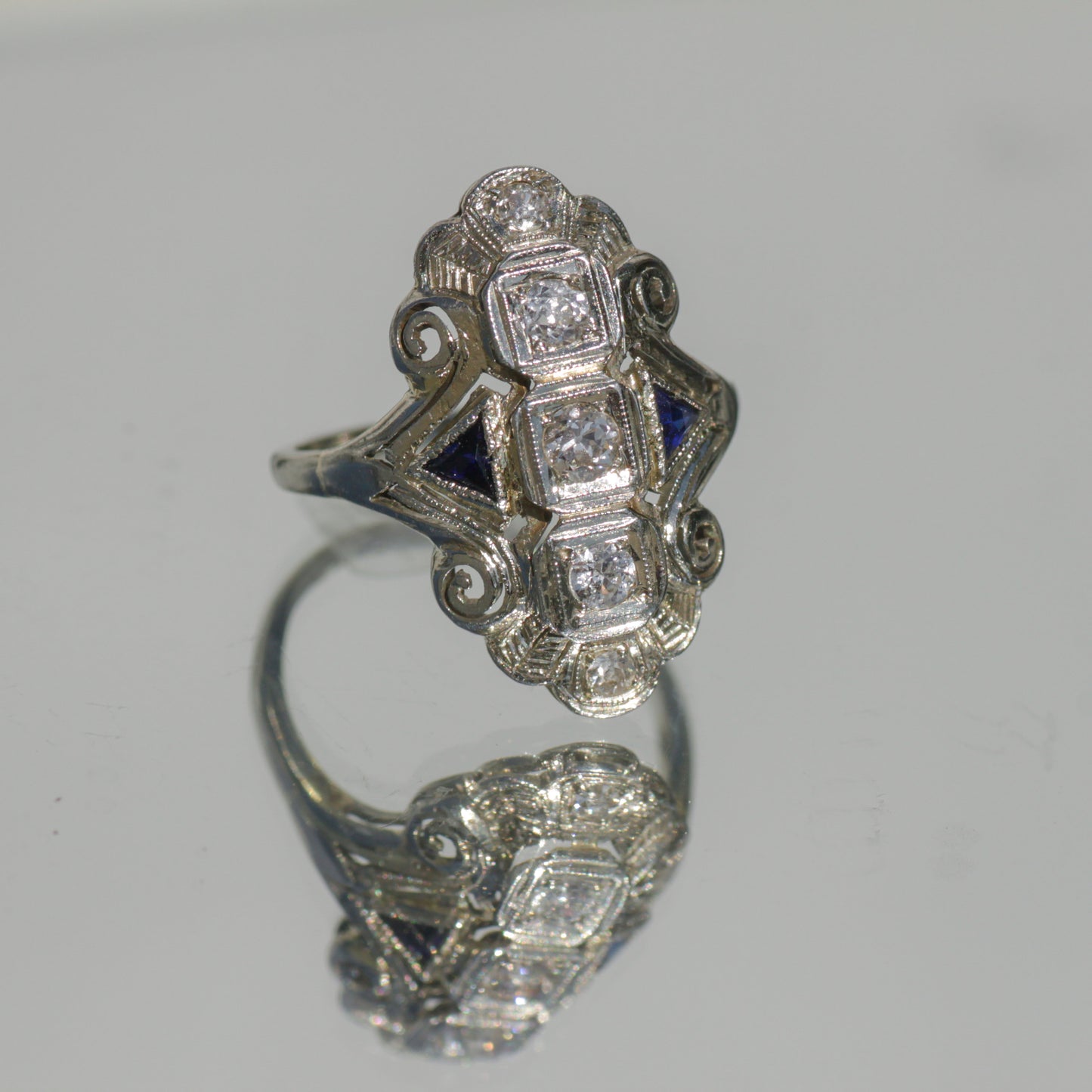 Antique Art Deco Filigree Diamond and Sapphire Belais Ring 18k White Gold