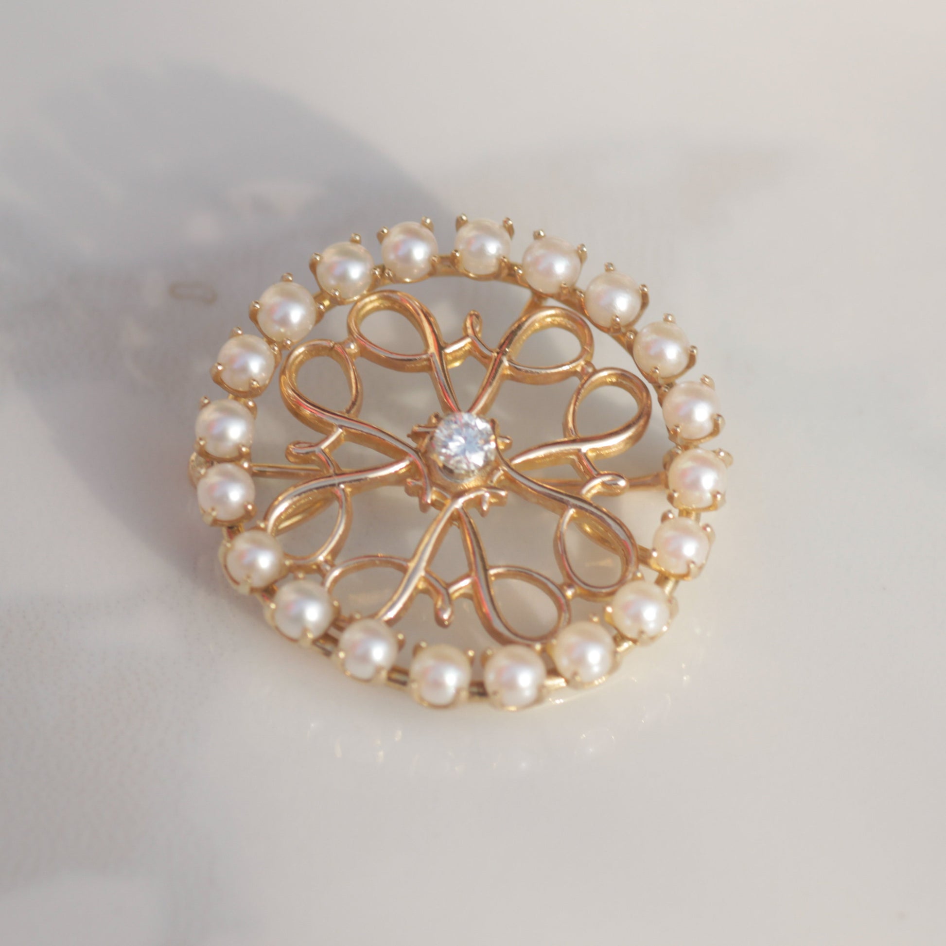Vintage Diamond and Seed Pearl Avon Brooch 14k Gold