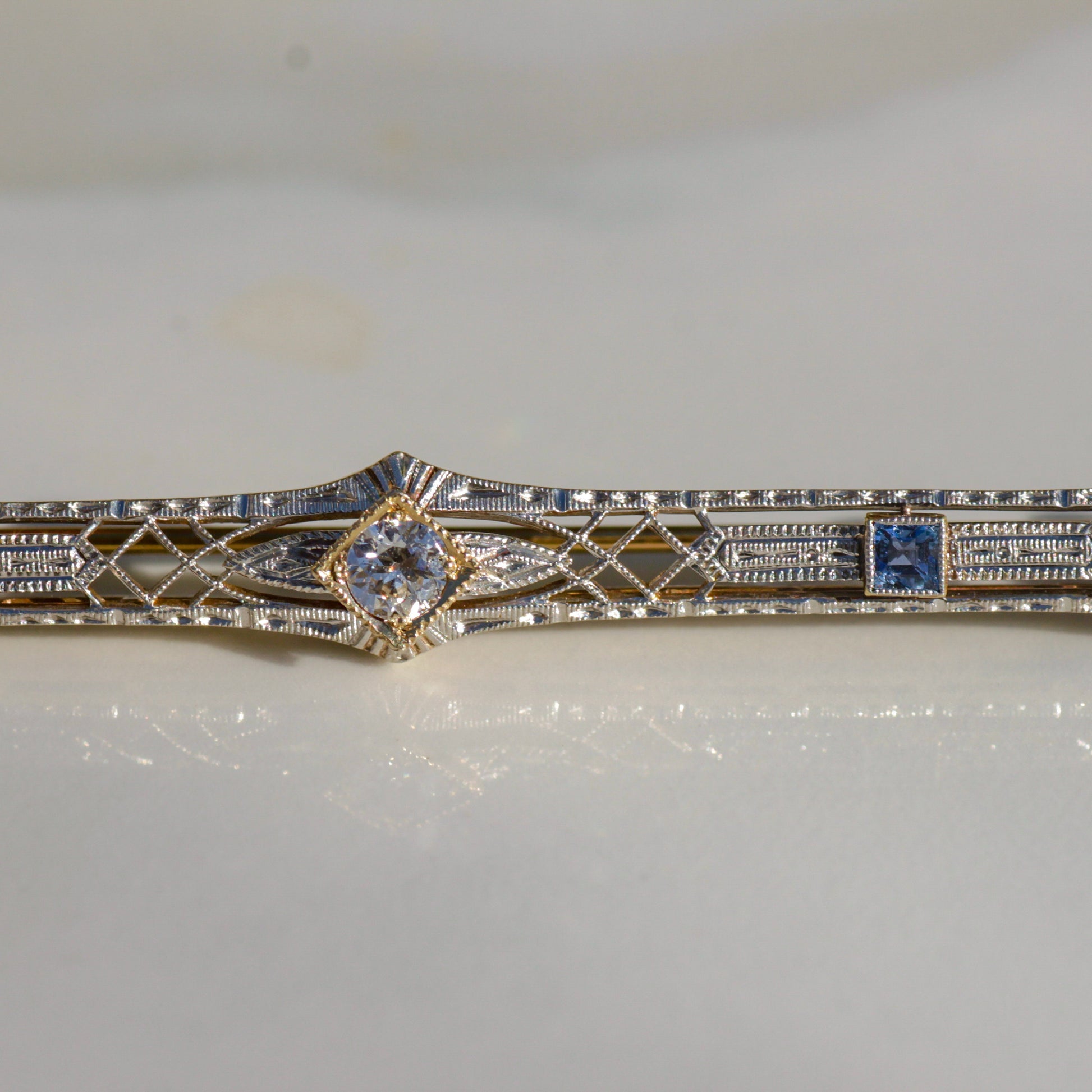 Antique Art Nouveau Diamond and Sapphire Bar Brooch Platinum + 14k Gold