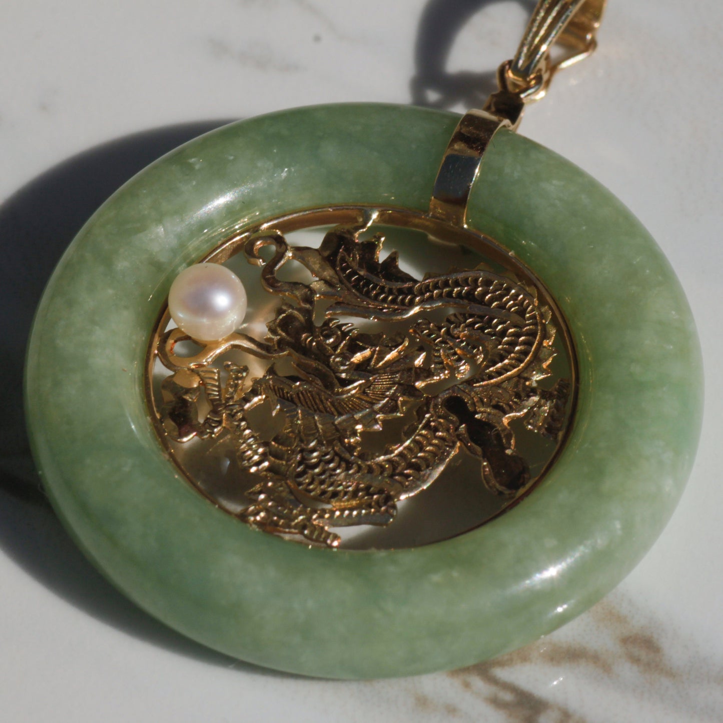 Vintage Jade Chinese Dragon Pendant 14k