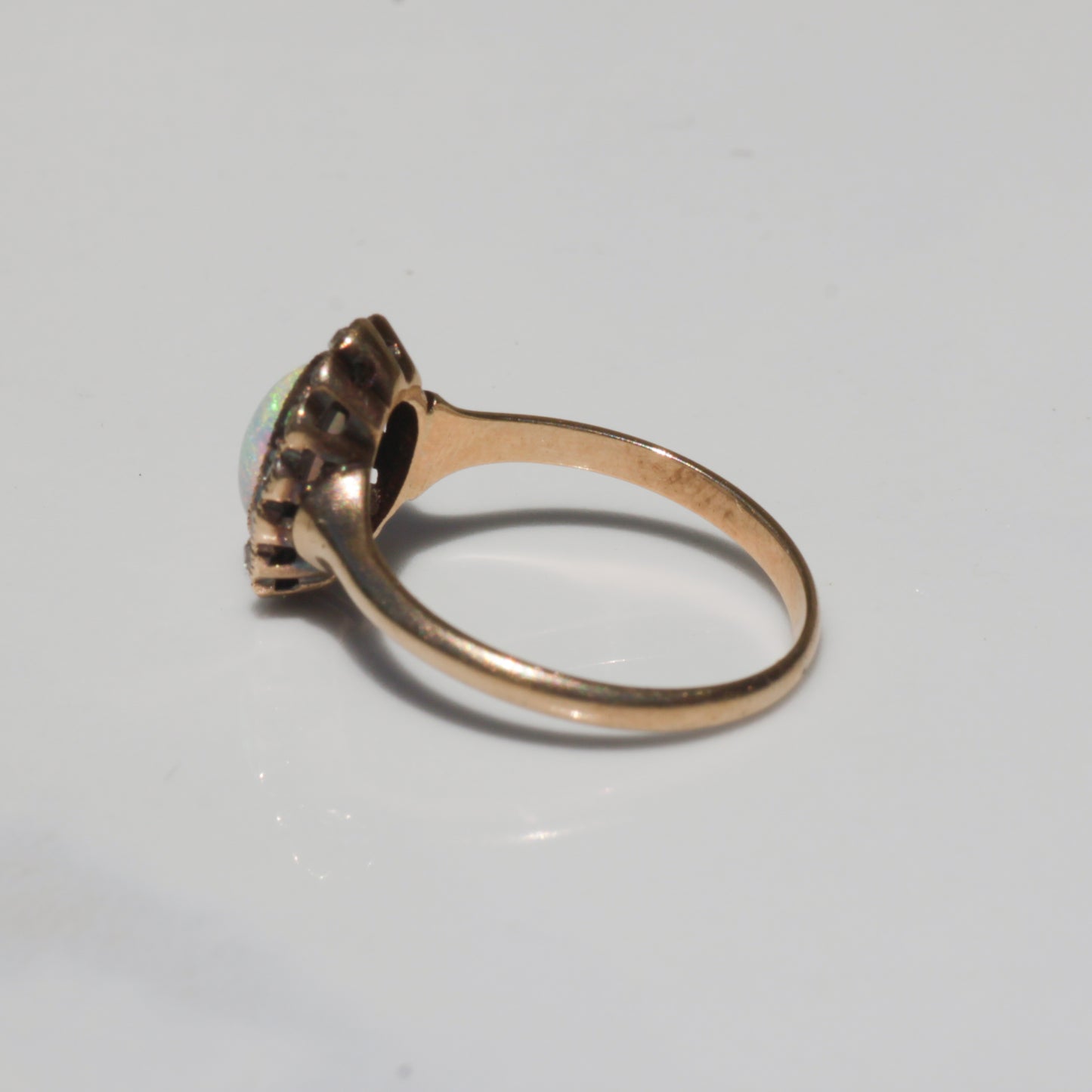 Antique Opal + Rosecut Diamond Halo Ring 14k Gold Sz 6 1/2