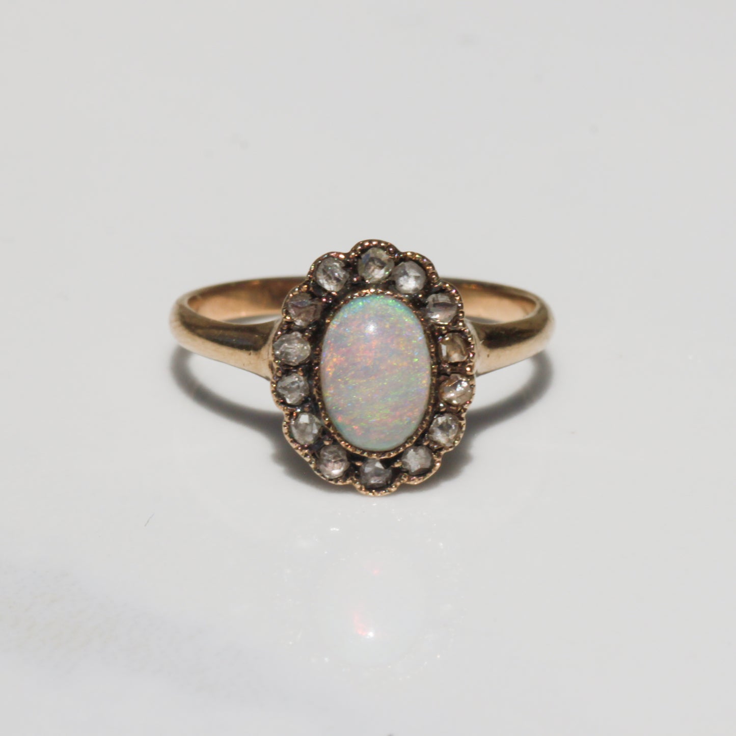Antique Opal + Rosecut Diamond Halo Ring 14k Gold Sz 6 1/2