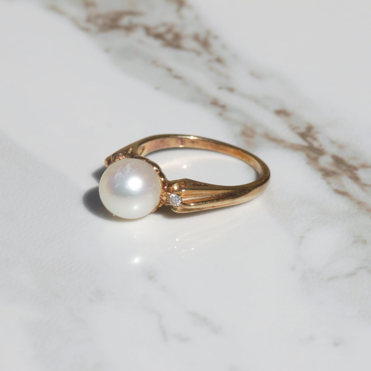 Vintage Pearl and Diamond Ring 14k Gold Sz 4 1/2